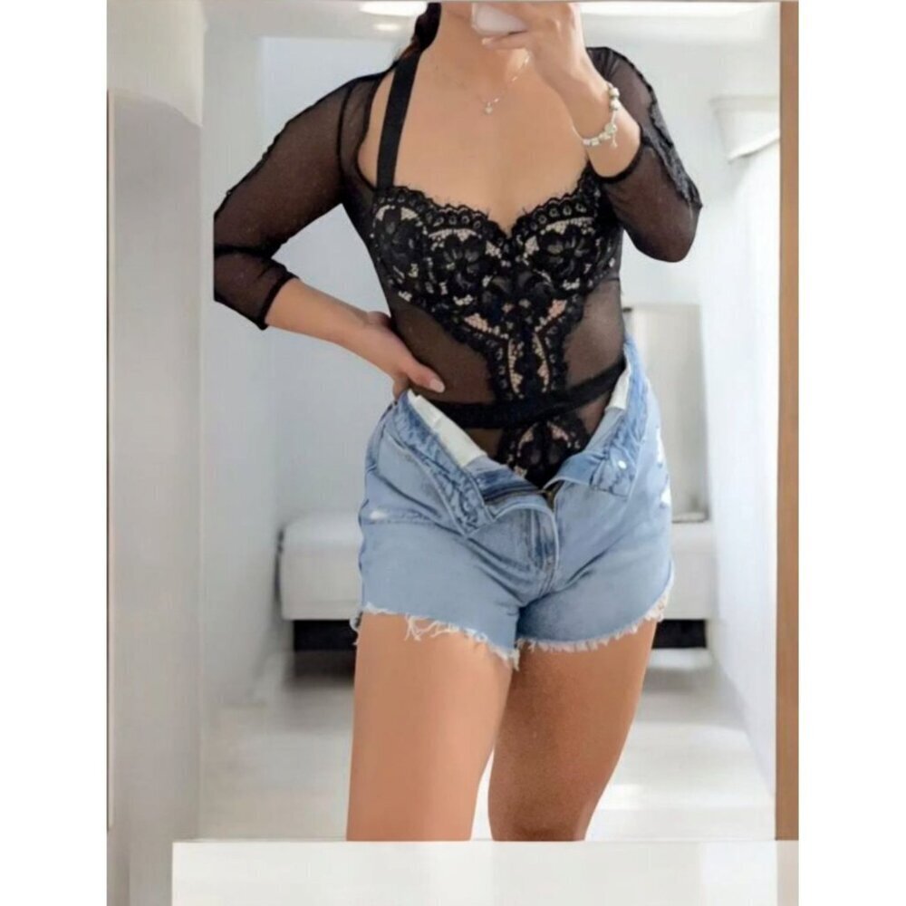 Victoria’s Secret Black Sheer Lace Underwire Long-Sleeve Bodysuit Teddy 34C